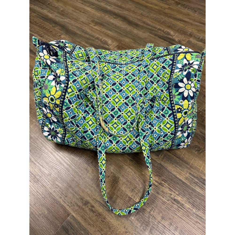 Vera Bradley Large Duffel Bag Green Blue Floral Geometric Quilted Travel READ